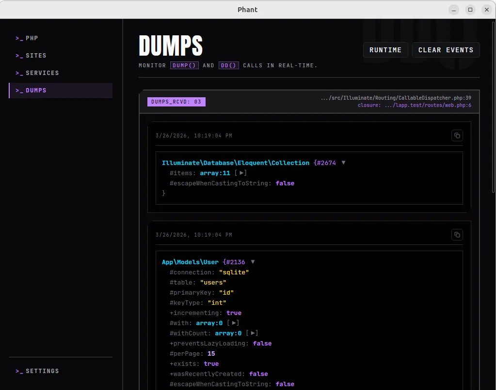 Phant Dumps screen showing live dump and dd output