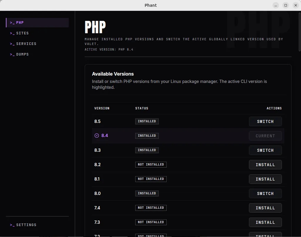 Phant PHP manager screen showing installed versions and switch actions