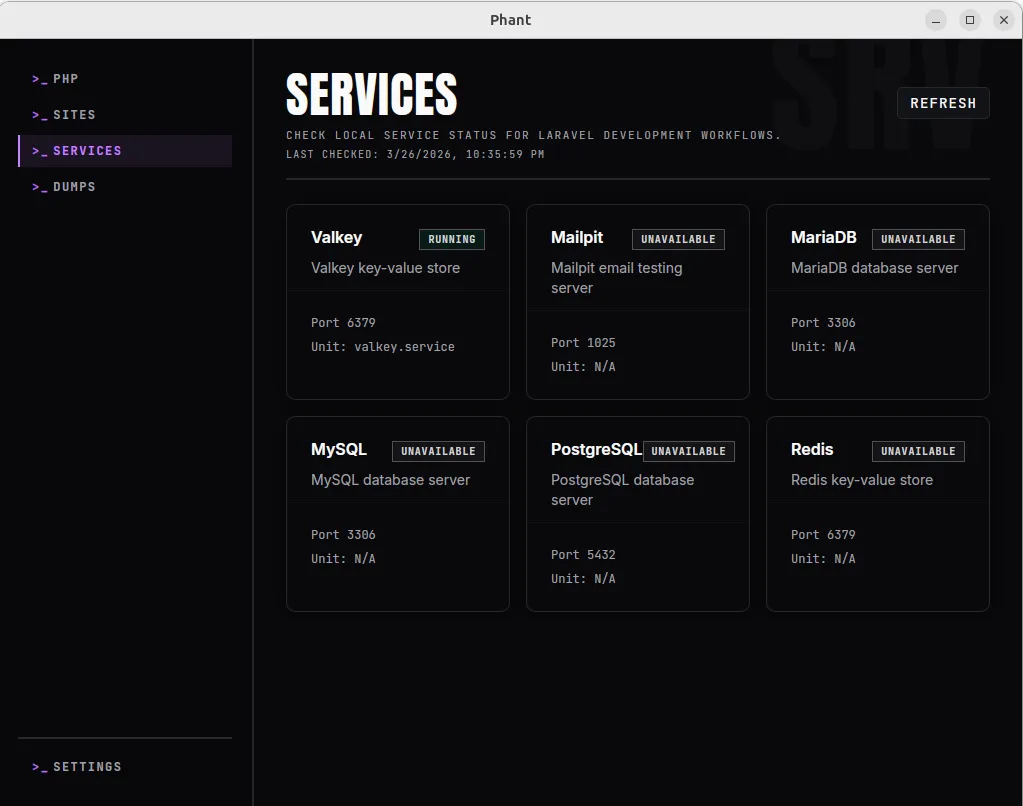 Phant Services screen with local daemon status cards