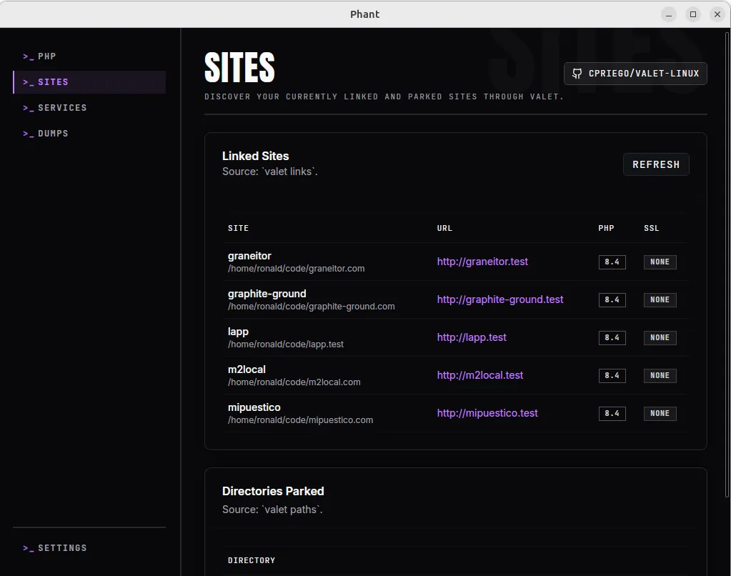 Phant sites manager view showing linked local development domains